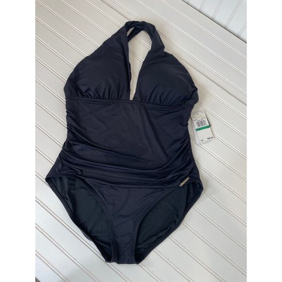 NWT Michael Kors One Piece Bathing Suit Black Urban Gypsy High-Neck Swimsuit L - Picture 2 of 6